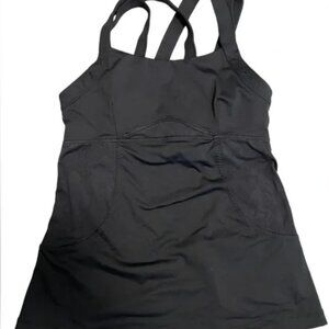 Women's Lululemon Black high neck crisscross strappy floral mesh tank top
